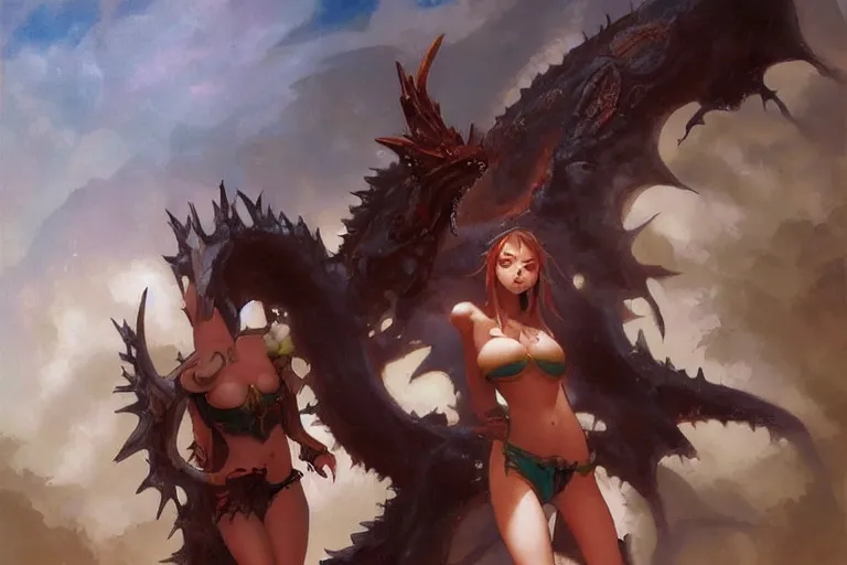 Image similar to A beautiful oil painting of a pretty anime girl in bikini scared of a dragon, by Lucas Graciano, Frank Frazetta, Greg Rutkowski, Boris Vallejo, epic, fantasy, character art, high fantasy
