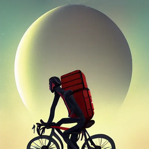 Prompt: a food delivery cyclist with oversized box shaped backpack cycling around the rings of saturn, sci fi, artstation, greg rutkowski, greasley