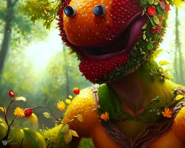 Image similar to a fruit monster made of different fruit, 3 7 9, walking around in forest, detailed mouth, detailed eyes, forest background, trees and flowers, trees in foreground, rays of golden sunlight, oil painting, highly detailed, dramatic lighting, hyperrealistic, smooth, artstation, cgsociety, by artgerm, by wlop
