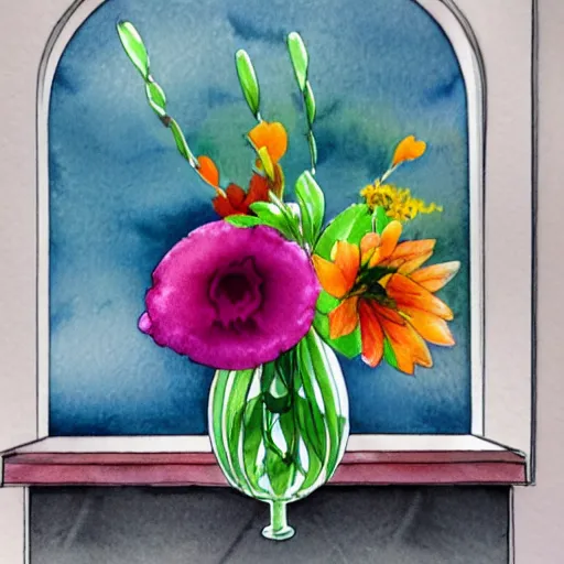 Prompt: a fancy vase with a colorful and beautiful flower arrangement by the fancy window. very stylize and delicate watercolor and pencil drawing. 3 d. beautiful lighting, 4 k post - processing, trending in art station, cg society, view from far. 5 k extremely detailed