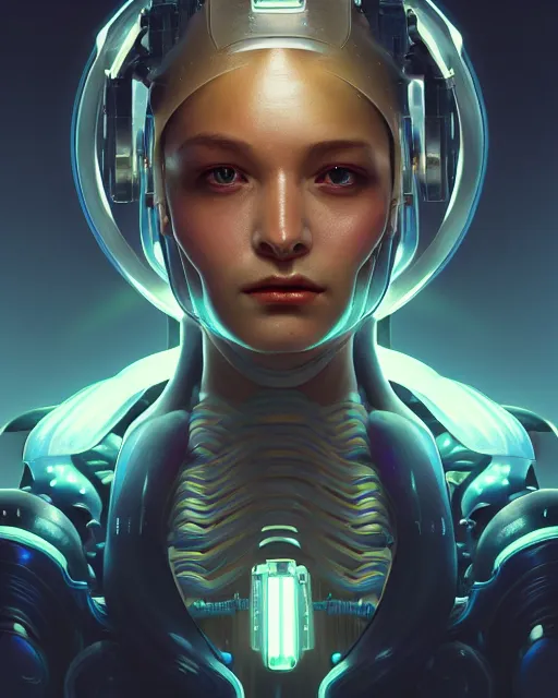 Image similar to one singular portrait of a cute bioluminescent cyborg alien, pulp scifi, highly detailed, digital painting, moody cinematic lighting, hyperrealism, dark retrowave, art by stanley lau and artgerm and magali villeneuve and alphonse mucha, artstation, octane render, cgsociety