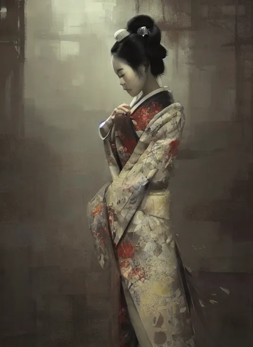 Image similar to female geisha girl, beautiful face, rule of thirds, intricate outfit, spotlight, by greg rutkowski, by jeremy mann, digital painting