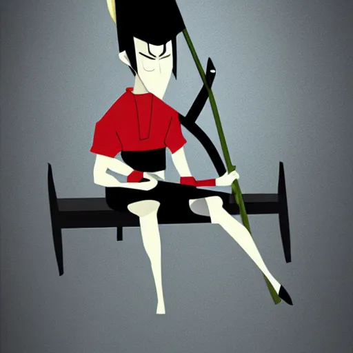 Image similar to samurai jack on a chair, thinking about life, flowers around, hyper realistic, anime style, digital art inspired from the cartoon