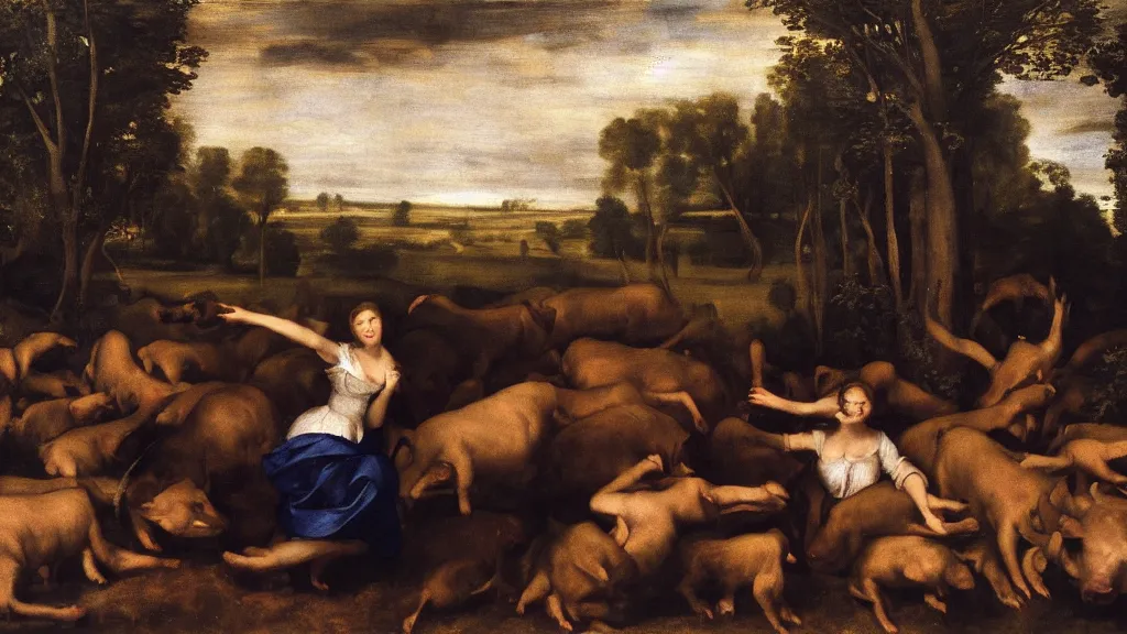 Prompt: a moody Renaissance painting of a woman surrounded by many wild boars in a field far from an old medieval farm. acorn trees, fog, mist, pig ponds, before dawn, dark, before dawn, moody light, volumetric. By Titian, Goya, Caravaggio, Prado Museum, ,golden hour, tarrot card, awe, beautiful, smooth finish, detailed, dramatic, octane render, photo realistic, unreal engine 5, highly detailed, cinematic lighting,, cinematography by Peter Jackson, epic composition , 8k , 10 mm full frame photography