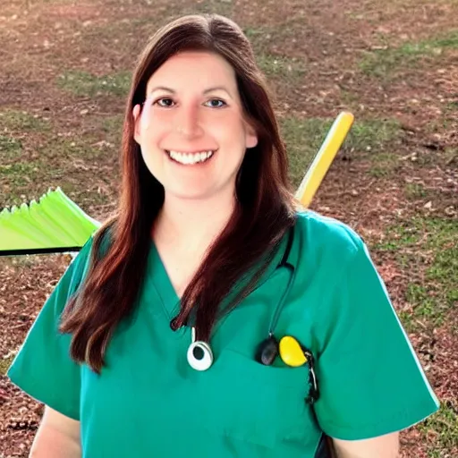 Image similar to a nurse with long brown hair and wearing green scrub pants riding a broomstick like a witch