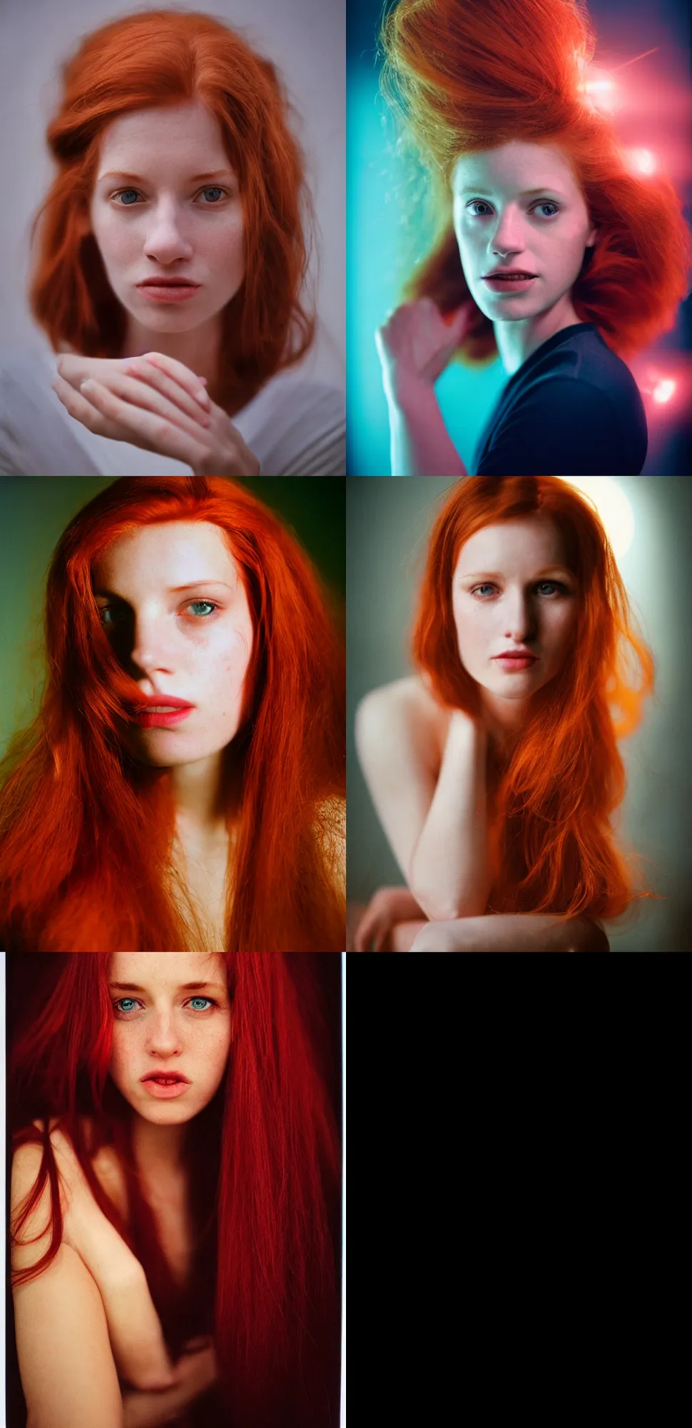 Prompt: a hyper realistic and detailed head portrait photography of American woman red hair by Annie Leibovitz. Cinematic. torch lights and glow in the background. Cinestill 800T film. Lens flare. Helios 44m