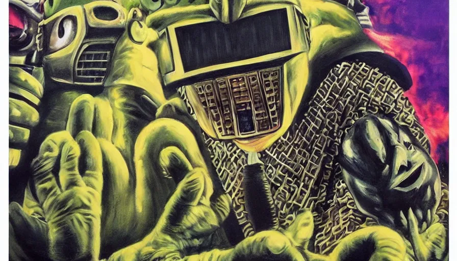 Prompt: beautiful lifelike painting of mf doom performing with slipknot and the teletubbies, hyperreal detailed facial features and uv lighting, art by ed roth and basil wolverton