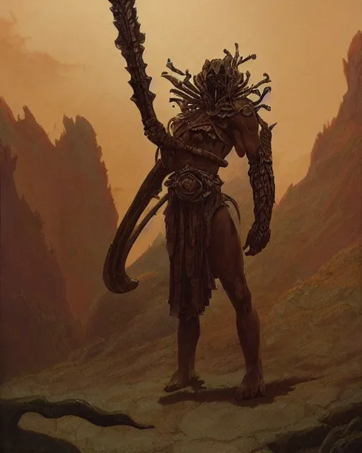 Image similar to full body shot of an ancient warrior standing in a stunic scenic enviornment, d & d, fantasy, greg rutkowski, frank frazetta, alexandre chaudret, boris vallejo, michael whelan, miro petrov, hr giger, magali villeneuve, donato giancola