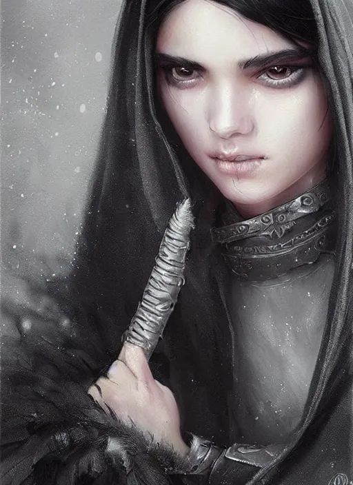 Image similar to a teenage girl with very short black hair and a huge cloak made of grey and black feathers. beautiful highly detailed face. beautiful painting by artgerm and greg rutkowski and raymond swanland