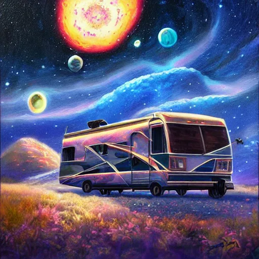 Prompt: a painting of an RV in a cosmic scenic environment by Android Jones, trending on Artstation, nebula, stars, planets, hyperdetailed