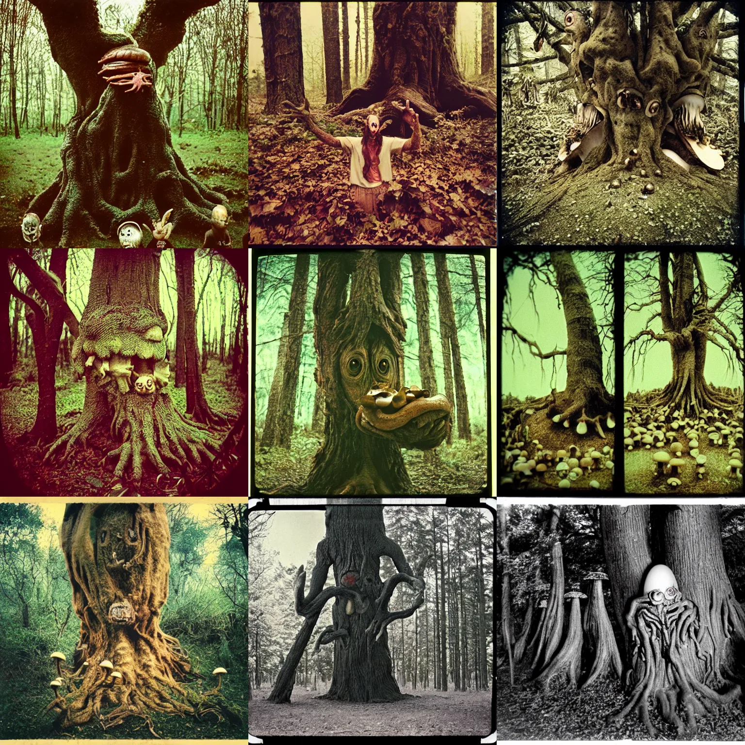 Prompt: a terrifying tree monster with distorted faces swallowing mushrooms, critical moment, lovecratftian horror, pans labyrinth, shot on expired instamatic film