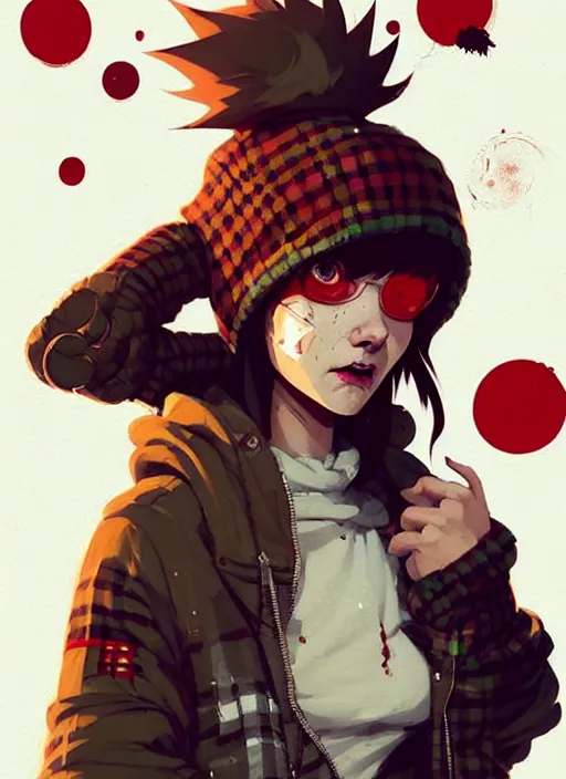 Image similar to highly detailed portrait of a sewer punk canadian lady, tartan hoody, white hair by atey ghailan, by greg rutkowski, by greg tocchini, by james gilleard, by joe fenton, by kaethe butcher, gradient red, brown, blonde cream and white color scheme, grunge aesthetic!!! ( ( graffiti tag wall background ) )