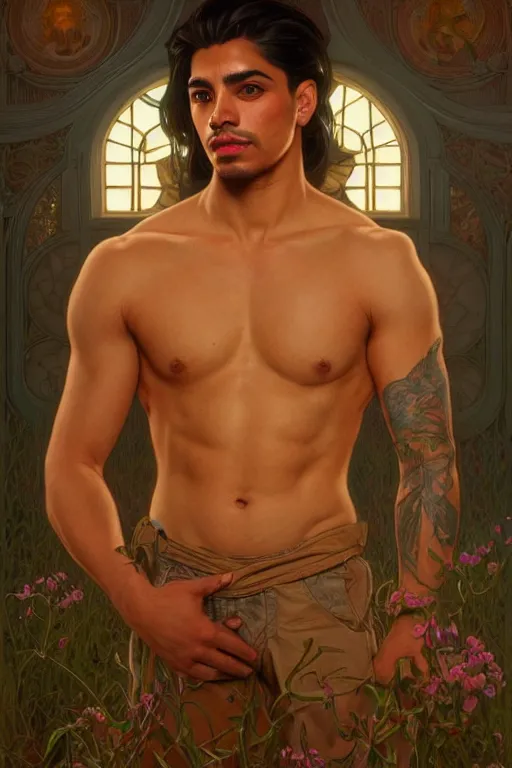 Image similar to clear portrait of a latino attractive men, cottagecore!! background, hyper detailed, character concept, full body, dynamic pose, glowing lights!! intricate, elegant, highly detailed, digital painting, artstation, concept art, smooth, sharp focus, illustration, art by artgerm and greg rutkowski and alphonse mucha