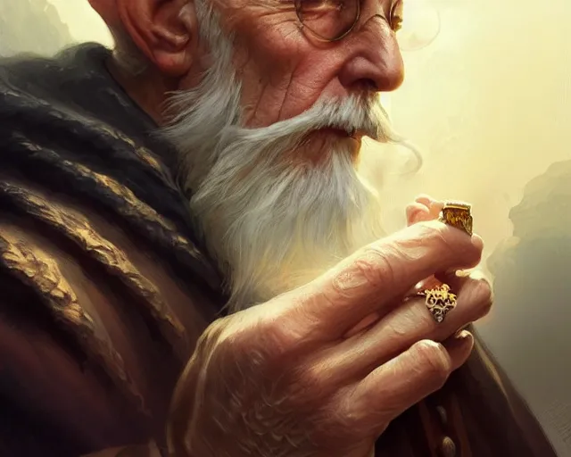 Image similar to old man wearing a ring on each finger, deep focus, d & d, fantasy, intricate, elegant, highly detailed, digital painting, artstation, concept art, matte, sharp focus, illustration, hearthstone, art by artgerm and greg rutkowski and alphonse mucha