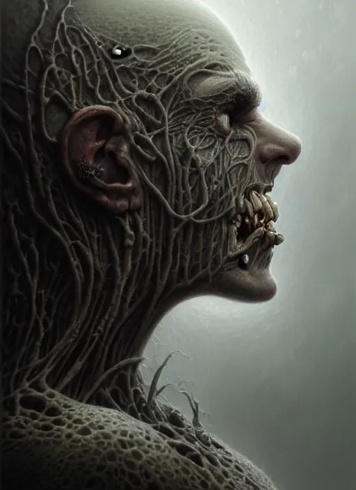Prompt: portrait side profile shot of a pale blind zombie, a scenic dystopian environment, intricate, elegant, highly detailed, centered, digital painting, artstation, concept art, smooth, sharp focus, illustration, artgerm, tomasz alen kopera, peter mohrbacher, donato giancola, joseph christian leyendecker, wlop, boris vallejo