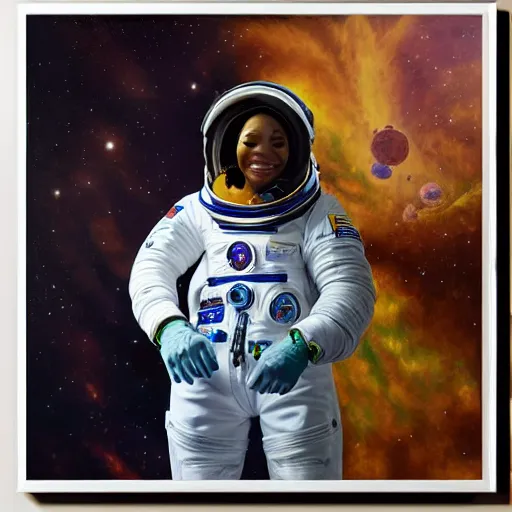Image similar to “nigerian female astronaut on board international space station wearing space suit and translucent helmet, highly detailed, realistic, photorealistic, proportional, beauty, fish eye lens, nasa, in the style of Edward hooper oil painting sun rising”