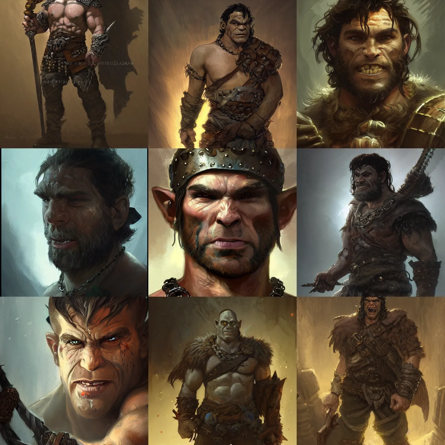 Prompt: portrait of a ruggedly handsome half - orc fighter with short brown hair wearing chain mail exploring a dark basement, half body, fantasy, highly detailed, digital painting, artstation, concept art, character art, art by greg rutkowski and tyler jacobson and alphonse mucha