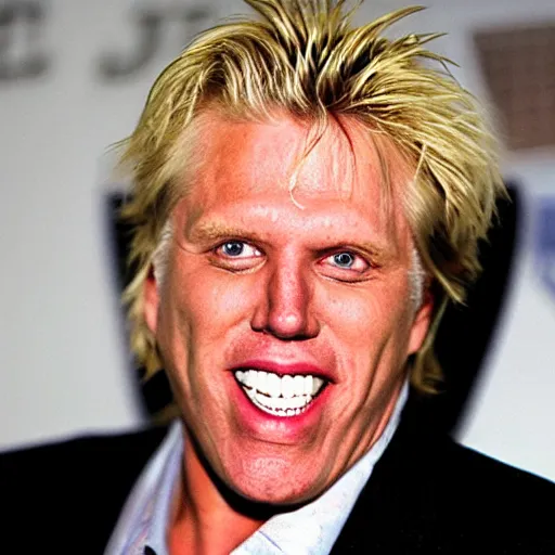 Prompt: gary busey, dirty in his face, wearing a messed up business suit