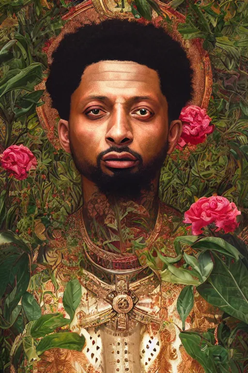 Prompt: breathtaking detailed concept art painting of the god of 2 1 savage, orthodox saint, with anxious, piercing eyes, ornate background, amalgamation of leaves and flowers, by hsiao - ron cheng, extremely moody lighting, 8 k