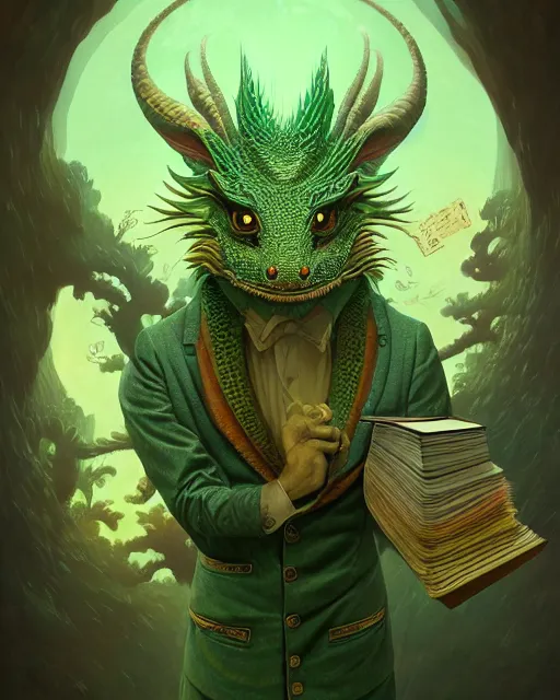 Image similar to anthropomorphic art of a businessman dragon, green dragon, portrait, victorian inspired clothing by artgerm, victo ngai, ryohei hase, artstation. fractal papers and books. highly detailed digital painting, smooth, global illumination, fantasy art by greg rutkowsky, karl spitzweg