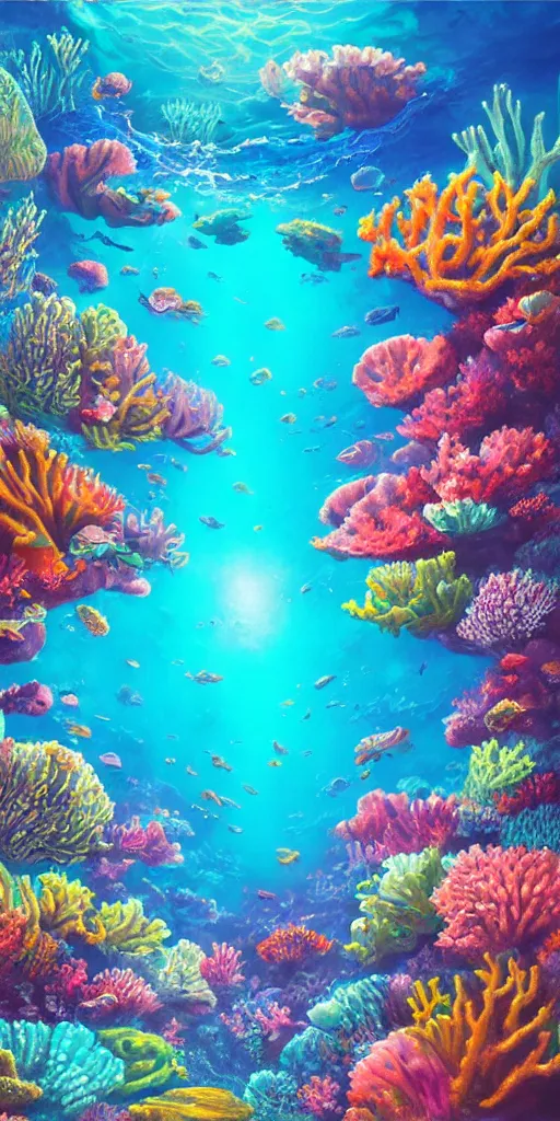 Image similar to underwater neon coral reef landscape magical realism painting with sun rays coming from above, neon pastel colors