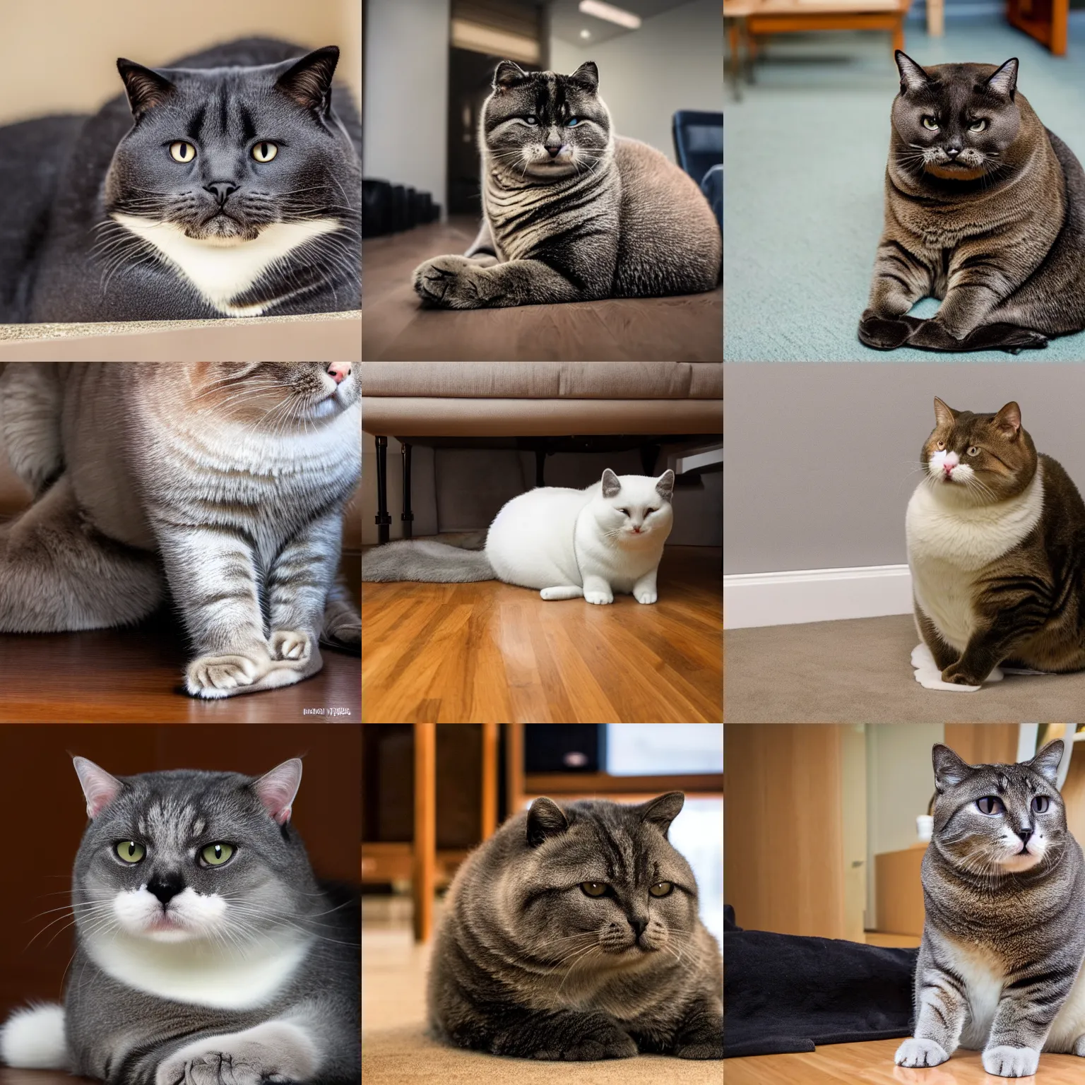 Prompt: a huge Chonker Cat sitting indoors, noise grain, oh lawd he coming, professional photo, full body view, beautiful cat feet, ((((((((((((seal like figure)))))))))))), XF IQ4, 150MP, 50mm, F1.4, ISO 200, 1/160s, natural light