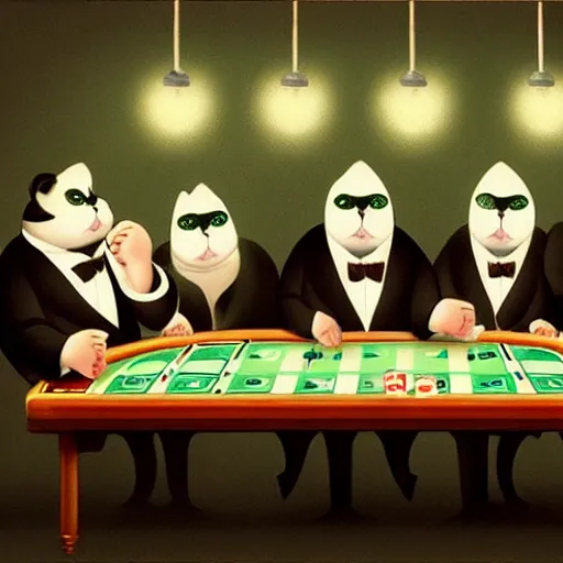 Image similar to fat mobster cats gambling at a table with a single light overhead, dark room, smoke fills the room, american art style