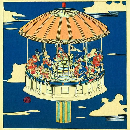 Prompt: “A carousel in the style of a woodblock print by the Japanese ukiyo-e artist Hokusai, by James jean, by yukio shimizu”