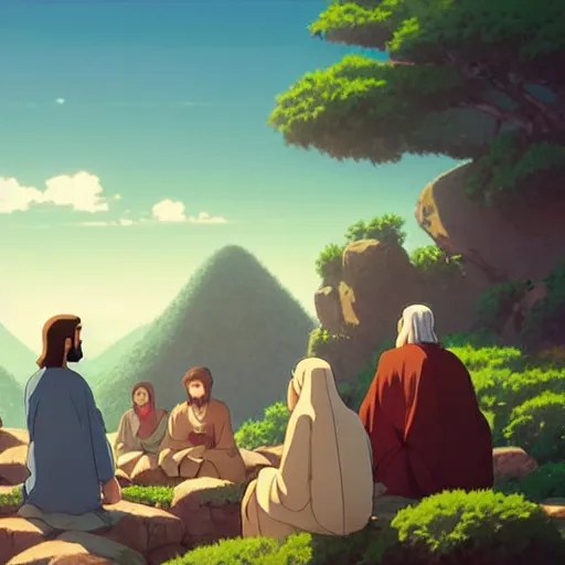 Image similar to a wholesome animation key shot of jesus christ teaching his disciples sitting on a pile of rocks, medium shot, waist up, studio ghibli, pixar and disney animation, sharp, rendered in unreal engine 5, anime key art by greg rutkowski, bloom, dramatic lighting