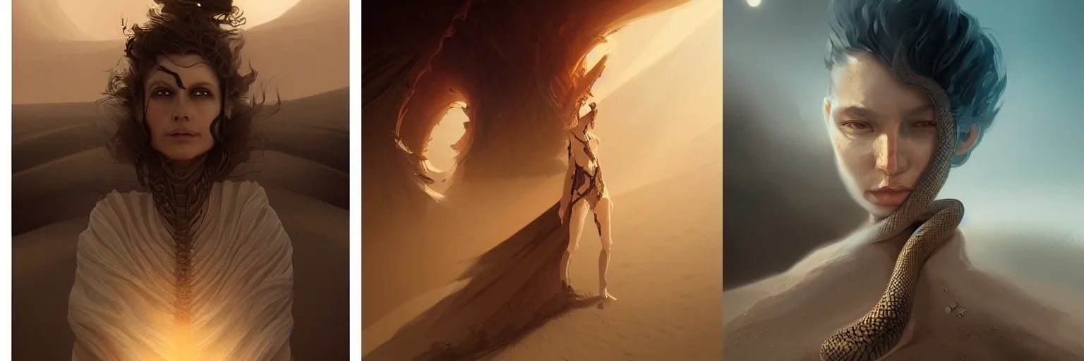 Prompt: Portrait of a dark fantasy dune dryand, sand and snakes, stunning, concept art, artstation, dramatic lighting, by Wlop