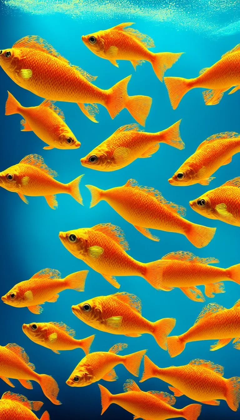 Prompt: highly detailed photo of beautiful colorful gold fish under water, five fish only, hyper realistic, concept art, 8 k detail post - processing