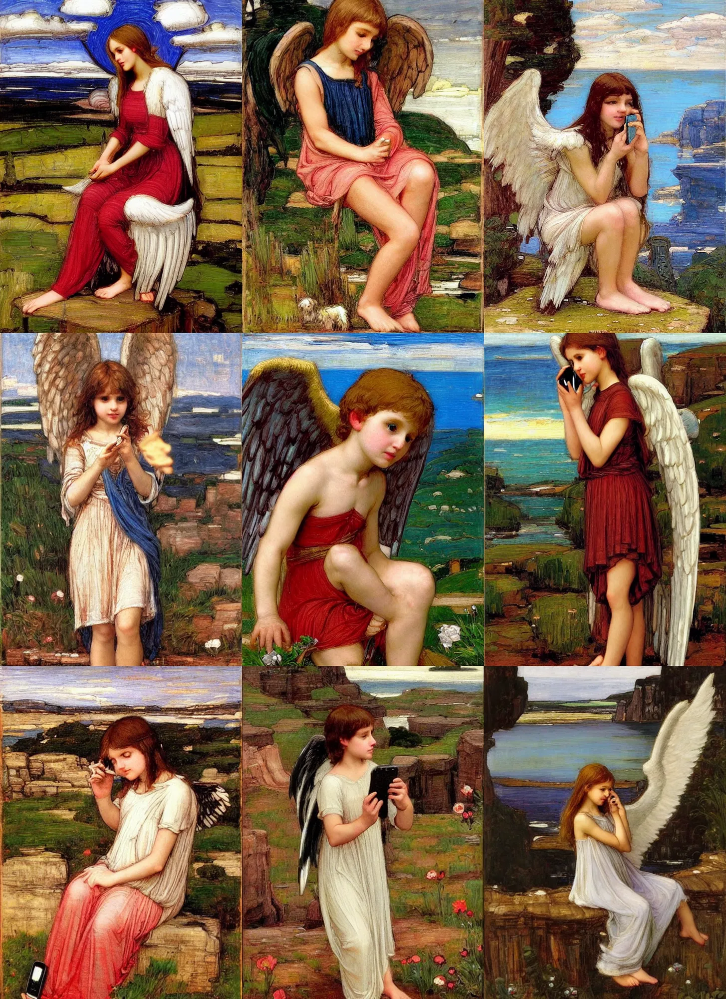 Prompt: cute angel on a cell phone with epic landscape in the style of John William Waterhouse