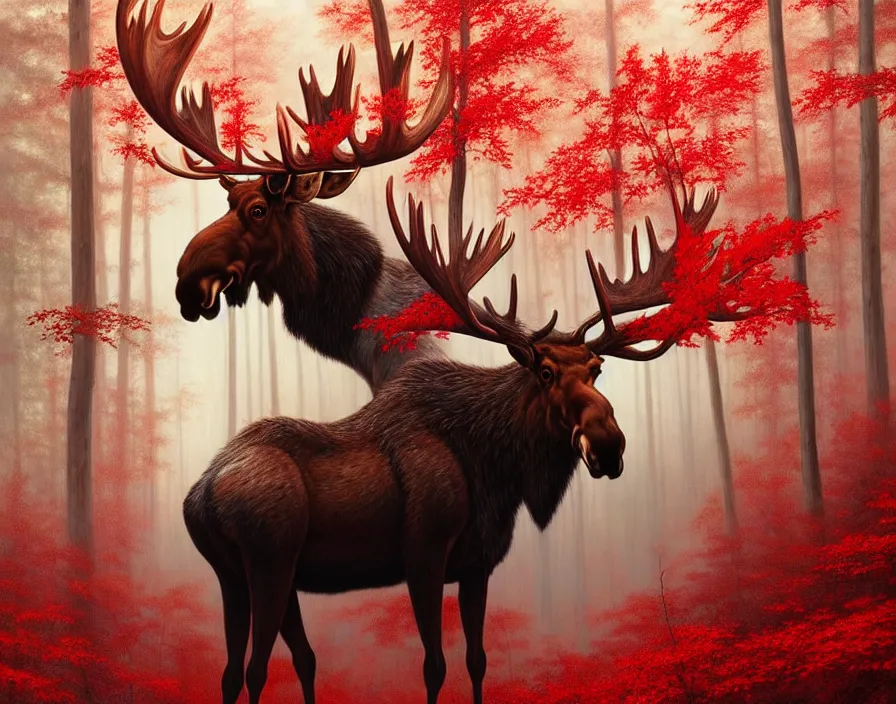 Image similar to a beautiful and very detailed painting of great ethereal moose in the bright red maple forest with a silver antlers, dynamic lighting, trending on artstation, path traced, highly detailed, high quality, digital art, hyper realistic, octane render, sharp focus, art by artgerm and greg rutkowski and alphonse mucha, 8 k