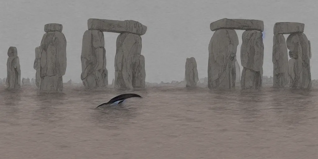 Image similar to a realistic cell - shaded studio ghibli concept art from paprika ( 2 0 0 6 ) of a tan dolphin from close encounters of the third kind ( 1 9 7 7 ) in a flooded monument valley stonehenge. very dull colors, wide shot, hd, 4 k, hq