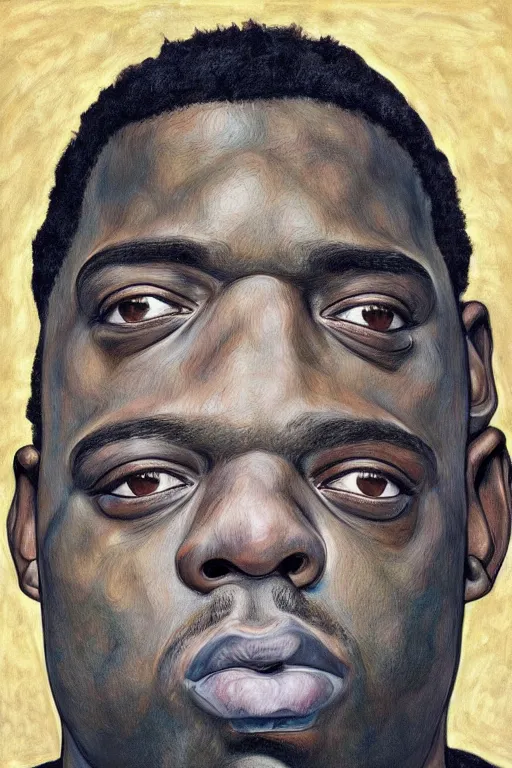 Image similar to a realistic portrait of biggie small in style of egon schiele, masterpiece, hyperdetailed, complex, intricate, 4 k, trending on artstation