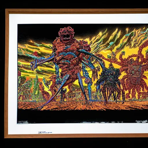 Image similar to crayon art by geof darrow tumultuous. in the center of the photograph is a large gateway that seems to lead into abyss of darkness. on either side of the gateway are two figures, one a demon - like creature, the other a skeletal figure.