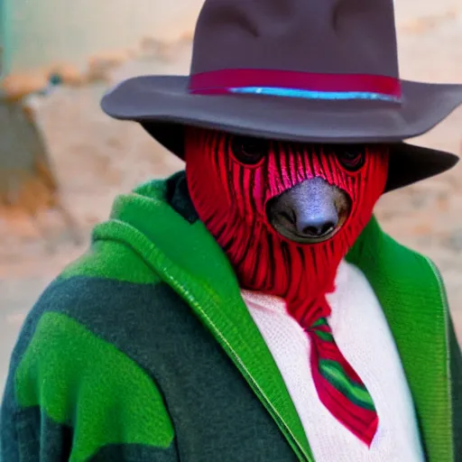 Image similar to a sloth dressed in a red and green striped jumper and fedora lurking in the shadows behind a scared teenager, film still