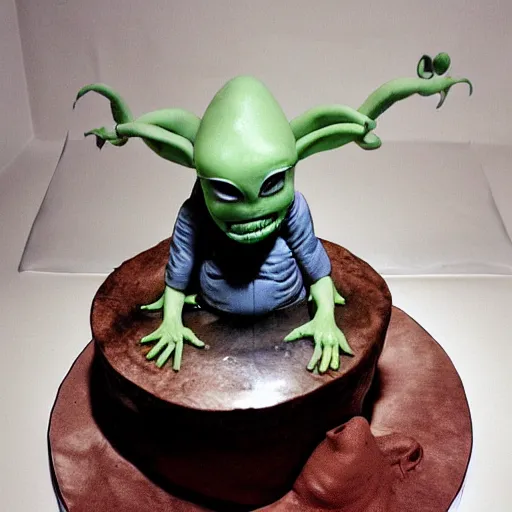 Prompt: a birthday cake with the alien from alien coming out of it. Sci-fi feature film photograph.