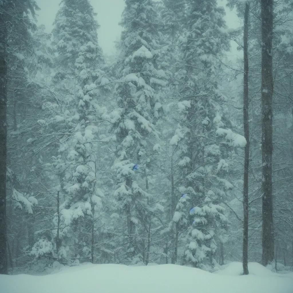 Image similar to photo, bigfoot is hiding in the background. cold color temperature, snow storm. hazy atmosphere. humidity haze. kodak ektachrome, greenish expired film, award winning, low contrast