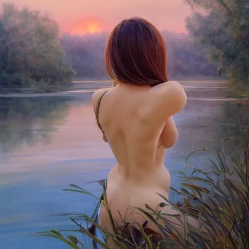Image similar to River leading into a sunset, Watercolor, photorealistic, high resolution, award winning, trending on artstation, olive skin, long dark hair, beautiful bone structure, intricate, elegant, highly detailed, digital painting, artstation, concept art, smooth, sharp focus, illustration, art by artgerm and greg rutkowski and alphonse mucha