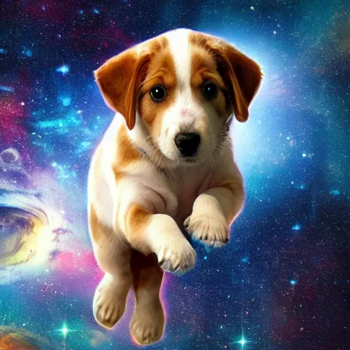 Prompt: photorealistic photograph of a puppy in a spacesuit floating through the cosmos, realism, 4k