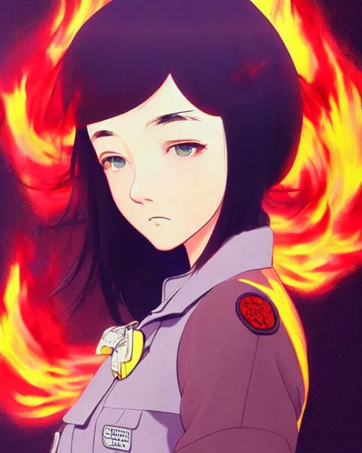 Image similar to fireman, covered in beautiful flames | | very very anime!!!, beautiful fine - face, audrey plaza, realistic shaded perfect face, fine details. anime. realistic shaded lighting poster by ilya kuvshinov katsuhiro otomo ghost - in - the - shell, magali villeneuve, artgerm