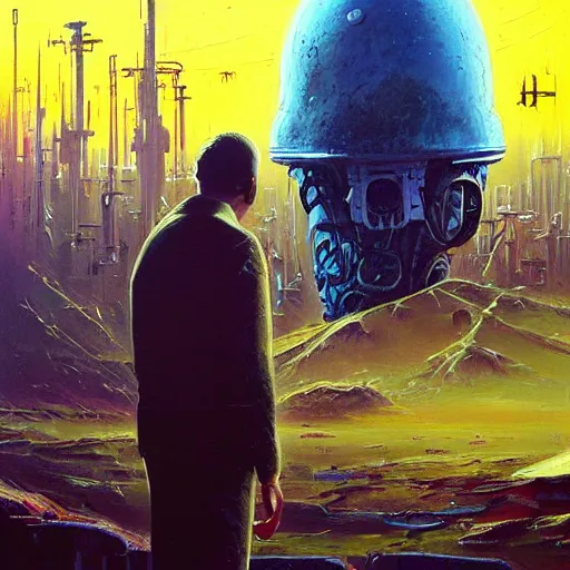 Image similar to a painting of a man standing in front of a giant alien, poster art john berkey and simon stalenhag and gilbert williams, cgsociety, space art, lovecraftian, cosmic horror, poster art