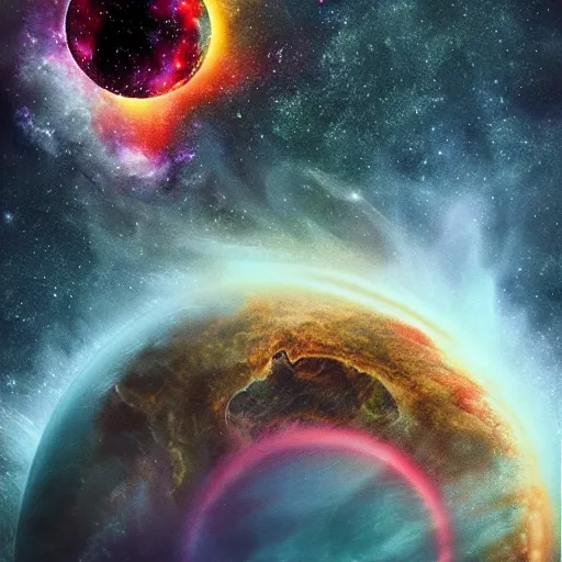 Image similar to earth and black hole in nebula, digital, artstation, detailed intricate ink illustration, heavenly atmosphere, digital art, overdetailed art, concept art, complementing colors, trending on artstation, cgstudio, the most beautiful image ever created, dramatic, subtle, details, award winning artwork, beautiful scenery