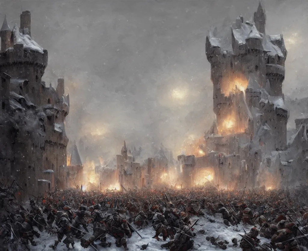 Image similar to Siege of a medieval castle in winter while two great armies face each other fighting below and catapults throw stones at the castle destroying its stone walls, heavy snow storm, fantasy, medieval, fire, explosions and grey smoke here and there, highly detailed, Artstation, oil on canvas painting by greg rutkowski
