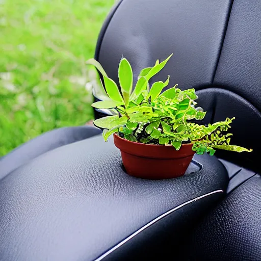 Prompt: small plant on a car back seat, photograph