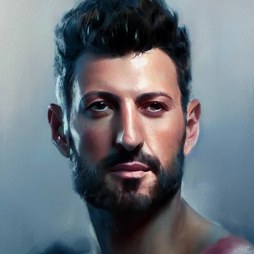 Image similar to portrait of maksim chmerkovskiy by greg rutkowski, young, attractive, highly detailed portrait, scifi, digital painting, artstation, concept art, smooth, sharp foccus ilustration, artstation hq