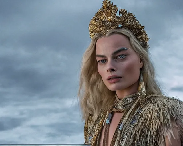 Image similar to Margot robbie as a goddess in heaven, Photography, Cinematic, Portrait, insanely detailed and intricate, hypermaximalist, elegant, ornate, hyper realistic, super detailed