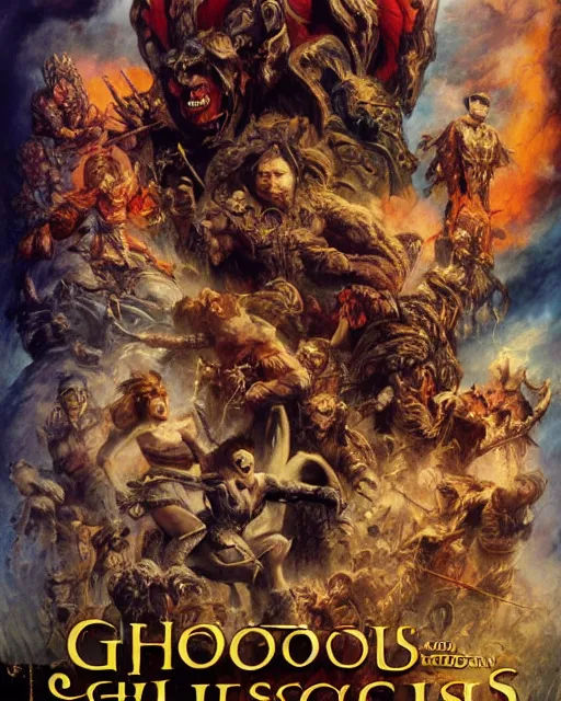 Image similar to Movie poster of Ghouls and Ghosts, Highly Detailed, Dramatic, A master piece of storytelling, wide angle, cinematic shot, highly detailed, cinematic lighting, by frank frazetta + ilya repin , 8k, hd, high resolution print