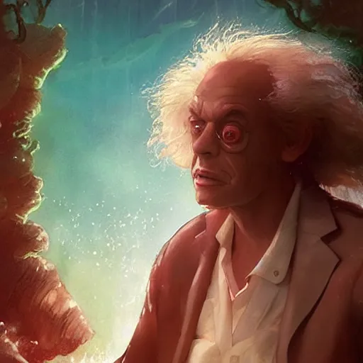 Image similar to doc brown as arielle the mermaid in water, deep sea, studio ghibli, disney animation, sharp, anime key art by greg rutkowski, bloom, dramatic lighting